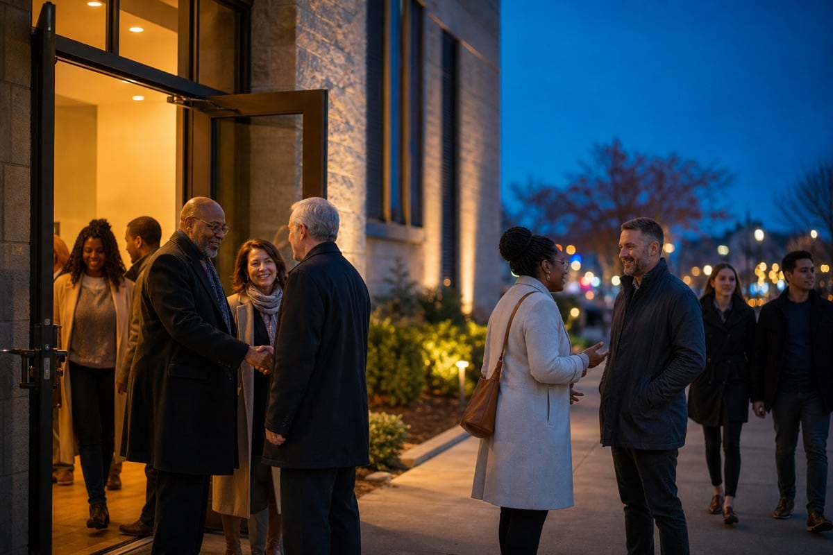 A diverse group of Christians makes different peaceful choices outside a warmly lit church at night.