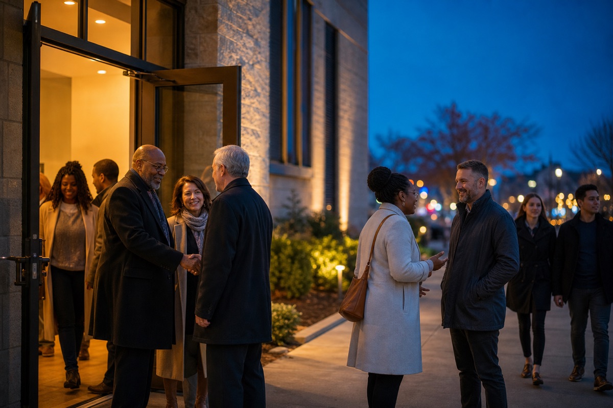 A diverse group of Christians makes different peaceful choices outside a warmly lit church at night.