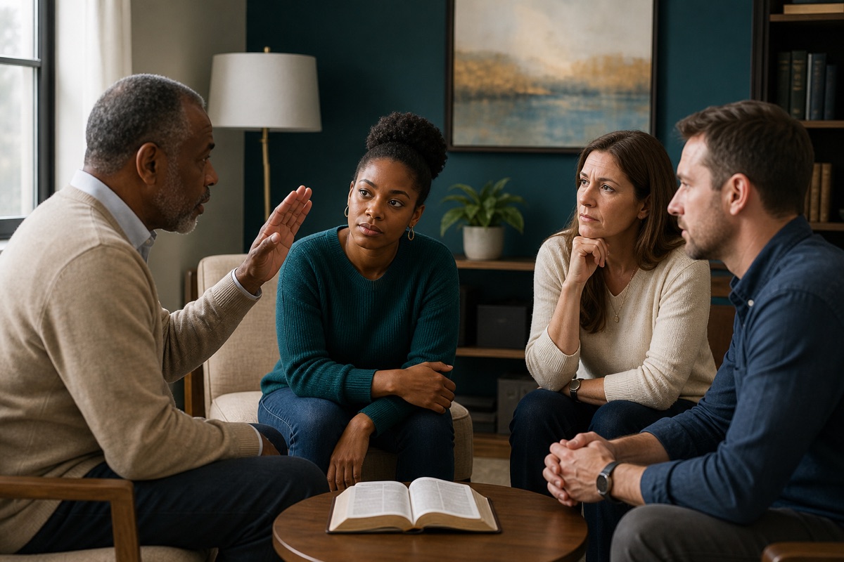 Black and white Christians listen carefully and practice discernment during a serious conversation with a church leader.