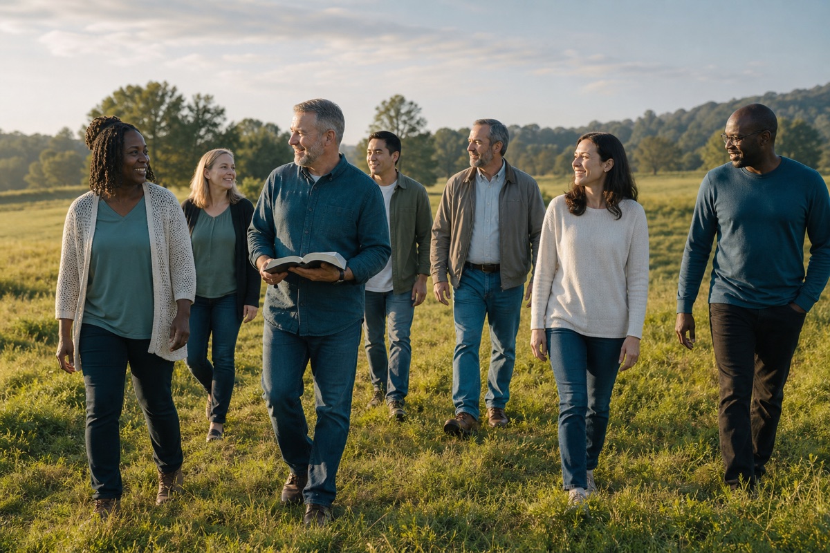 A diverse group of Christian men and women walks together through a sunlit field with an open Bible.