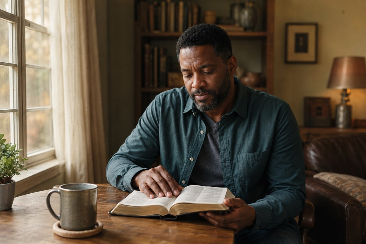 A Black man reflects on a passage in his open Bible.