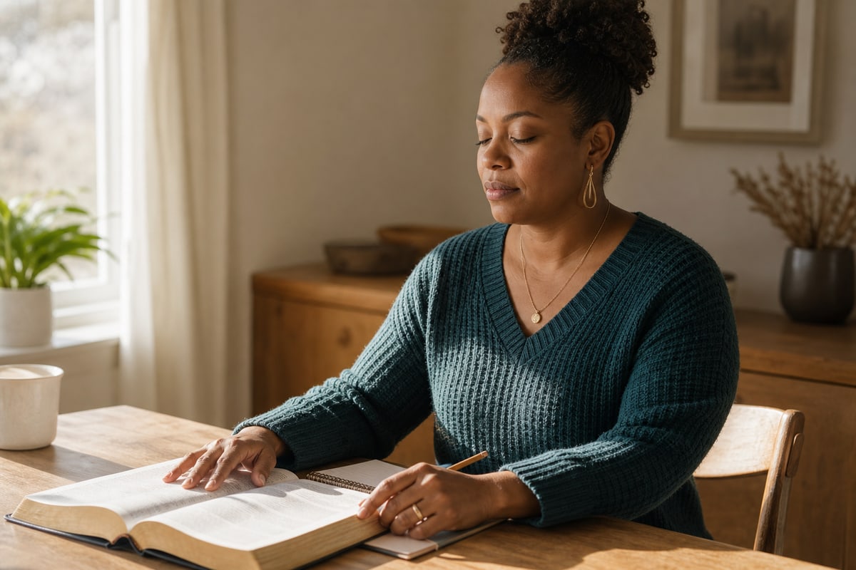 A woman pauses in prayer beside her open Bible and study notebook.