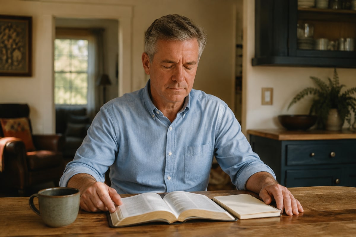 A white man pauses in prayer after studying Scripture at his kitchen table.