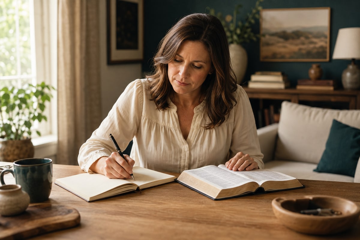 A white woman studies her Bible and writes observations in her notebook.