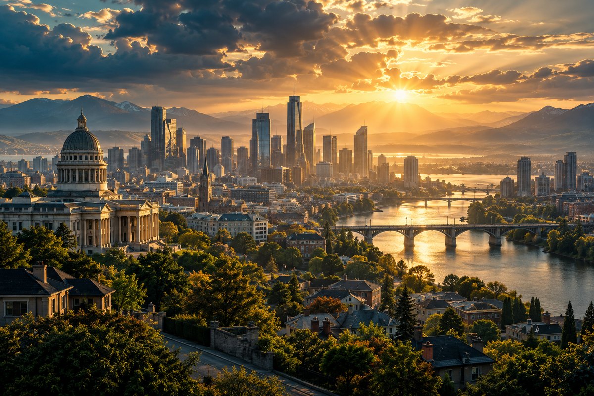 Sunrise over a city and its civic buildings.