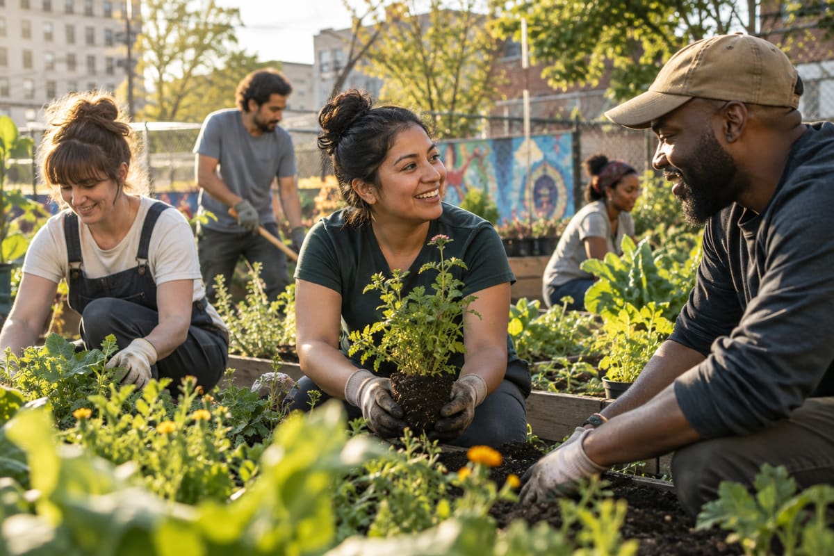 Women and men tending a community garden.