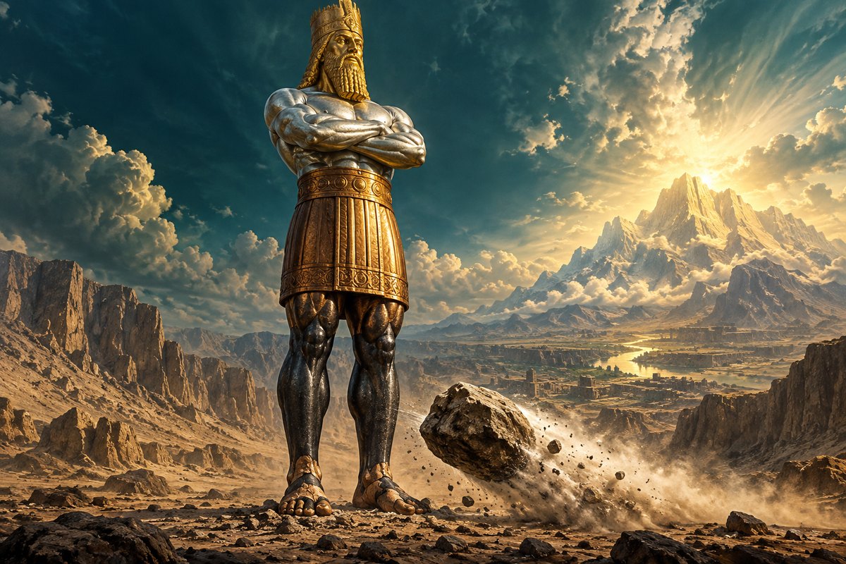 One statue of gold, silver, brass, iron and clay, with a stone approaching its feet.