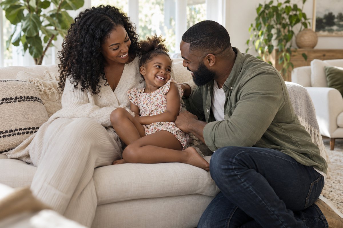 A family sharing a joyful moment in their living room.