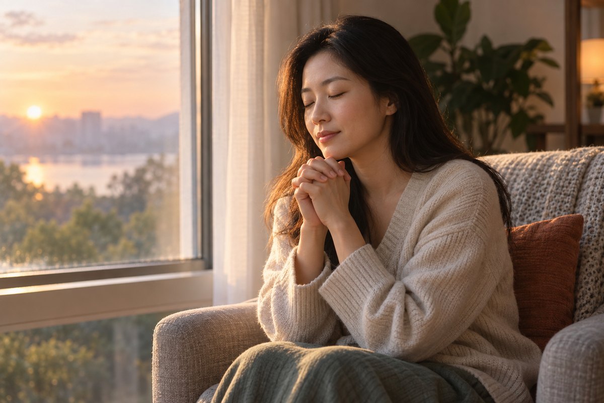 A woman praying quietly beside her living-room window.