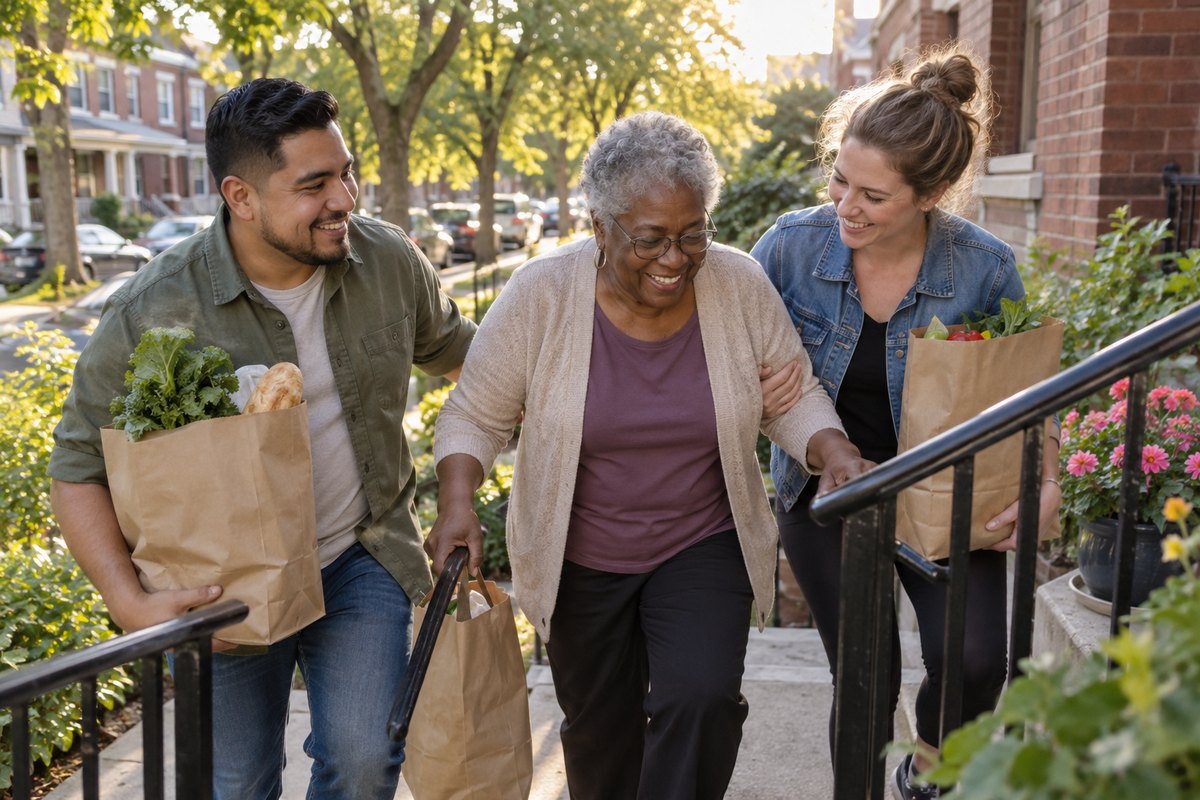 Neighbors helping an older woman with groceries at her home.