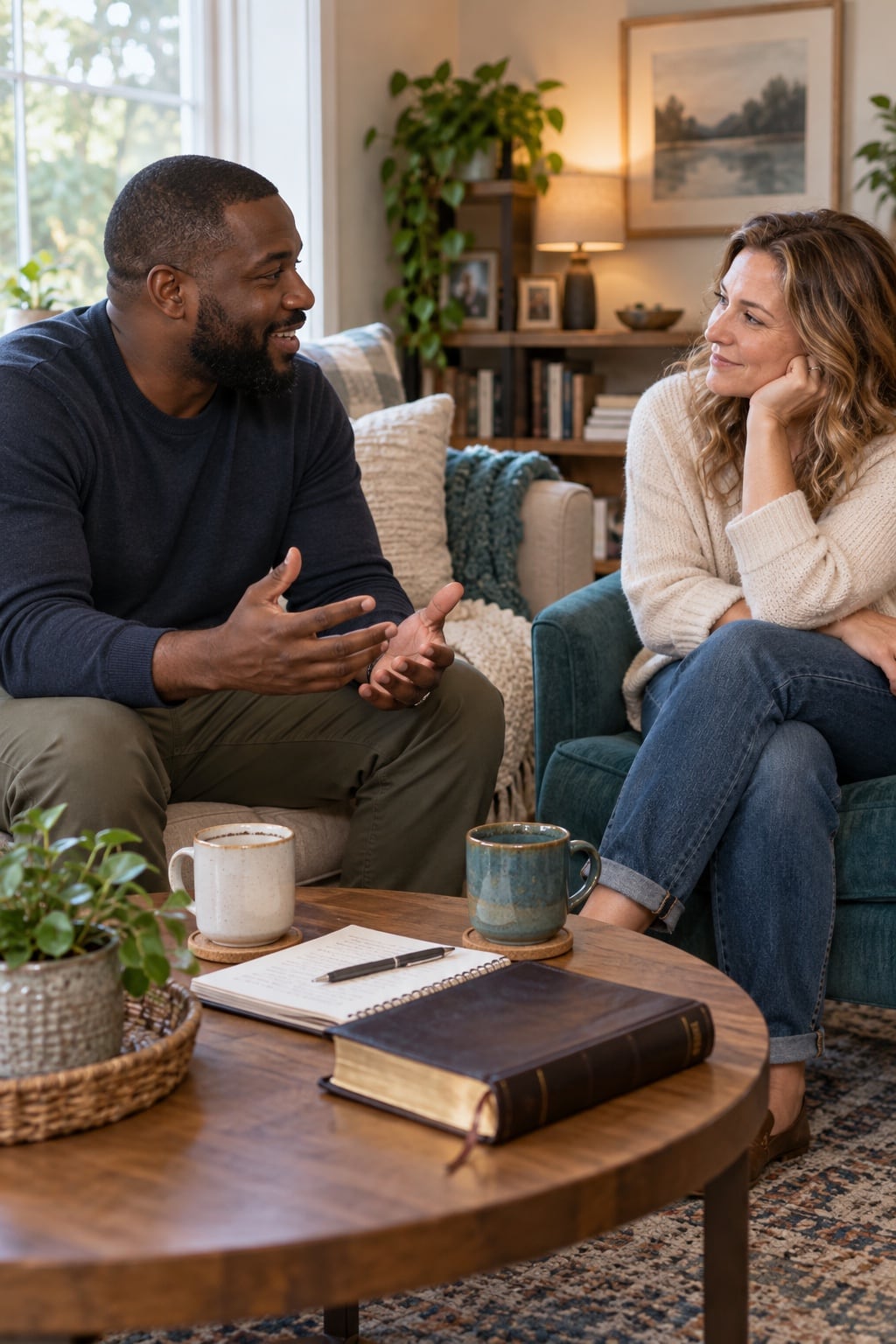 Two friends talk in a warm living room over coffee and a notebook.