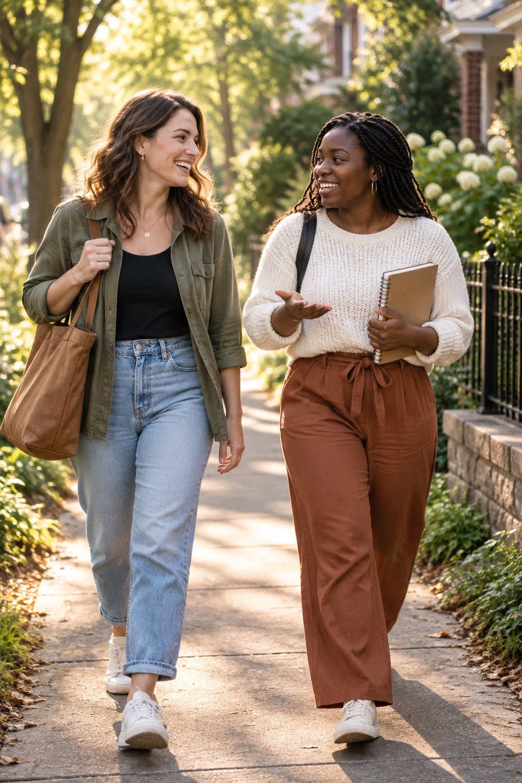 Two friends walk and talk together on a tree-lined neighborhood path.