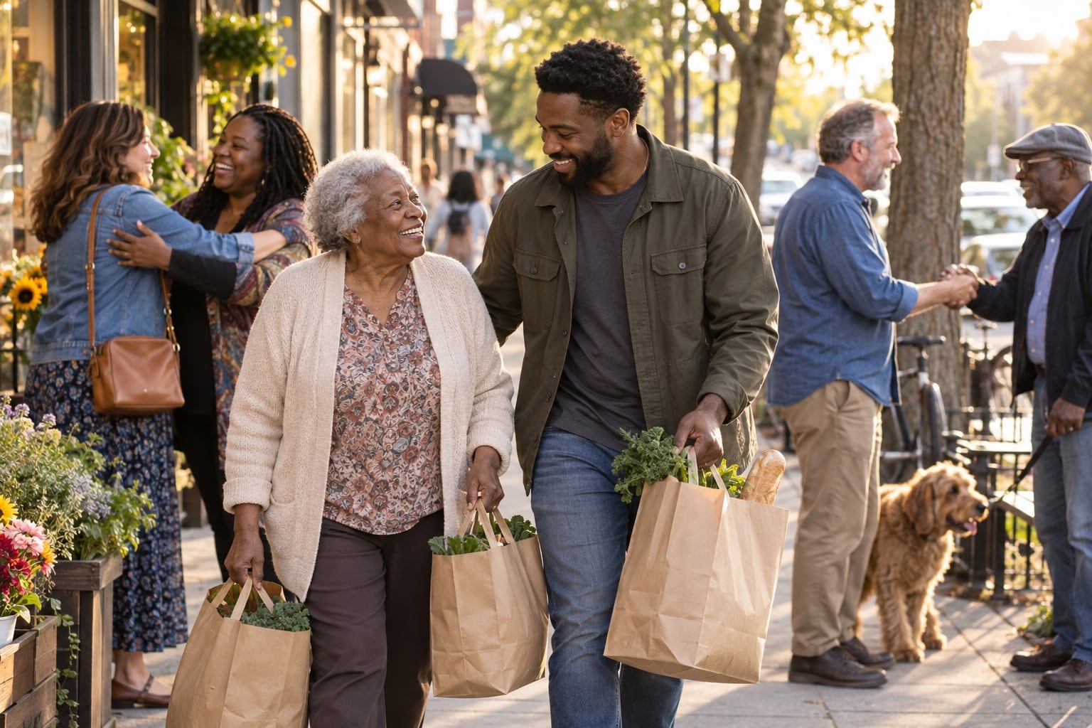 Neighbors connect and help one another on a lively city sidewalk.