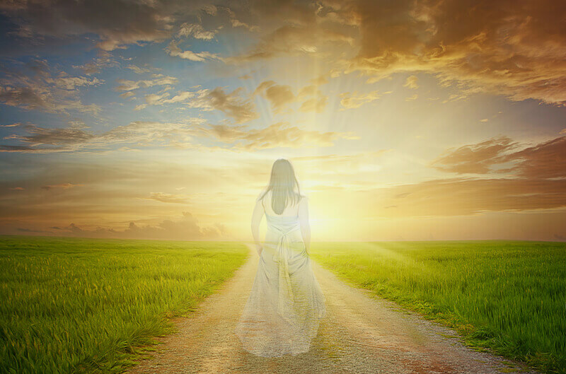 The sadducees showing a woman's spirit moving towards bright light