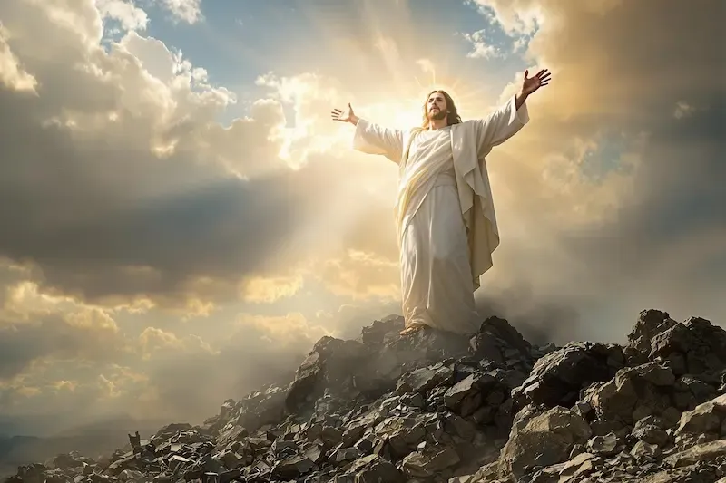 a man standing on a rocky hill with arms outstretched