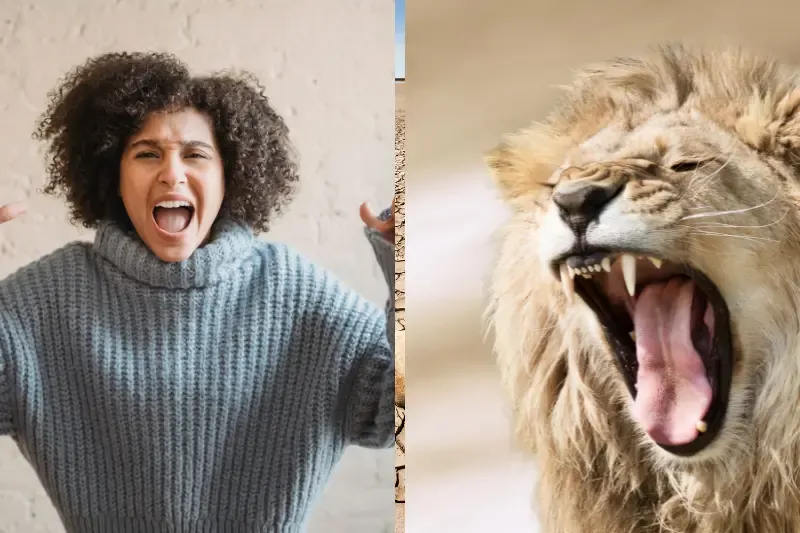Holy anger showing an angry woman and a lion