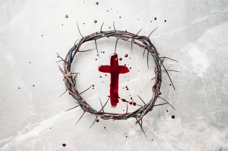 The blood of Jesus speaks better things than the blood of Abel showing a crown of thorns and a diagram of the cross made with blood