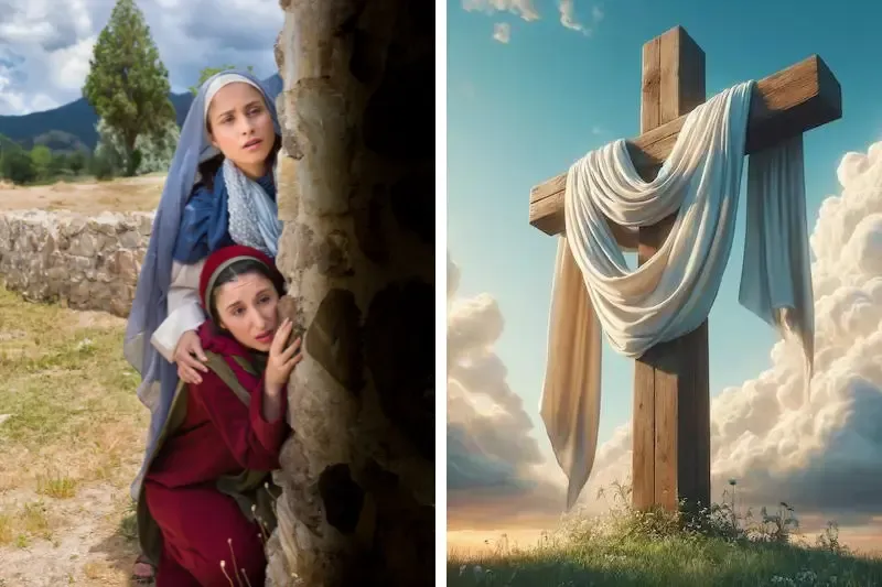 What is easter showing the cross and two women watching