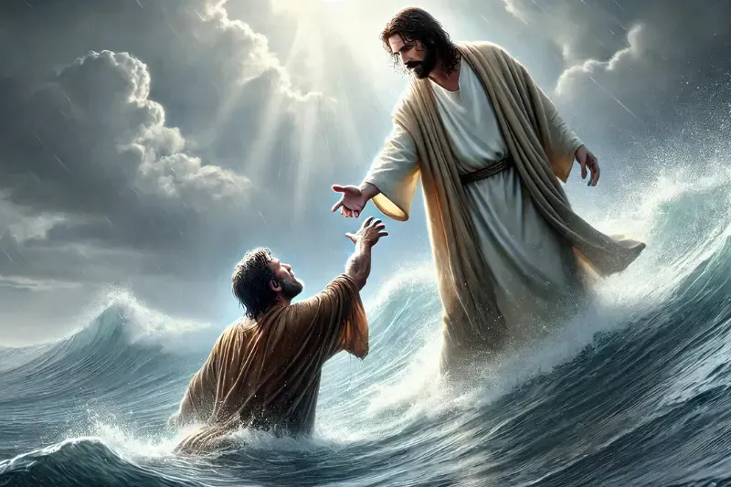 Wherefore did you doubt showing Jesus rescuing Peter